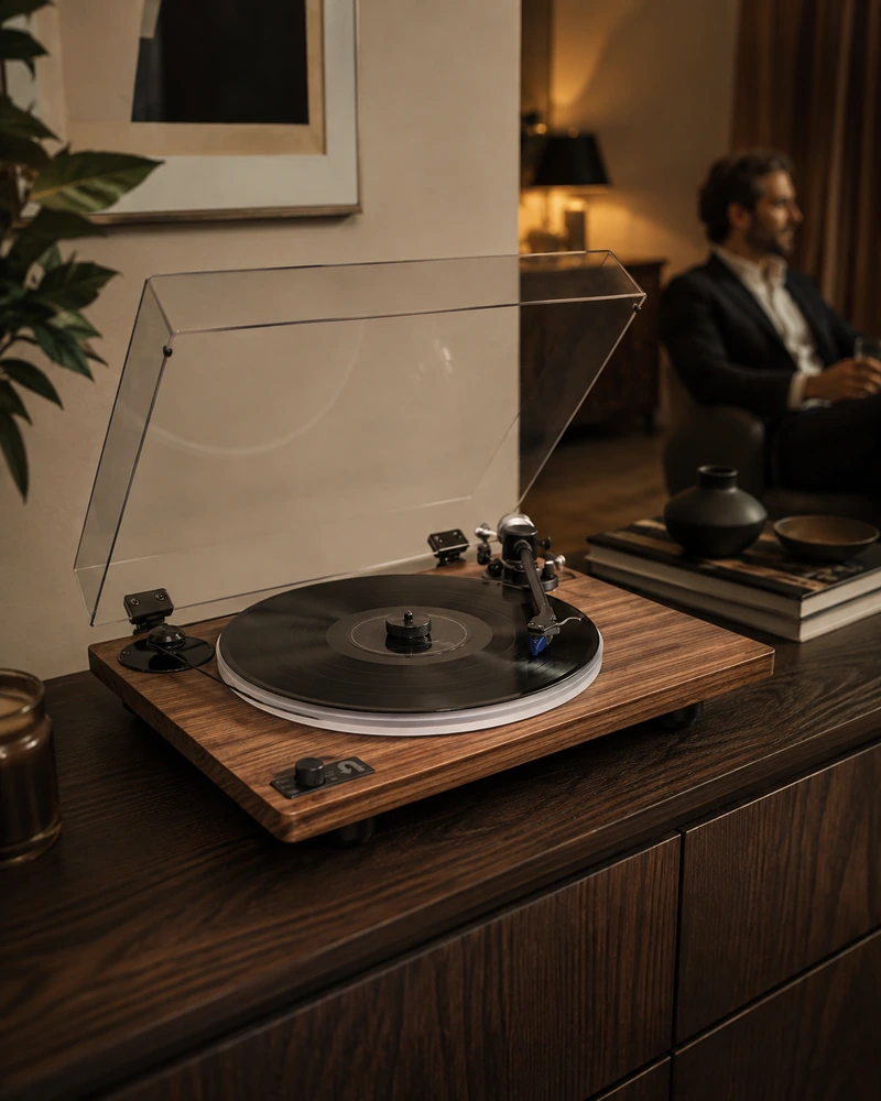 Platine audiophile en noyer avec plateau acrylique dépoli et bras noir dans un salon chaleureux