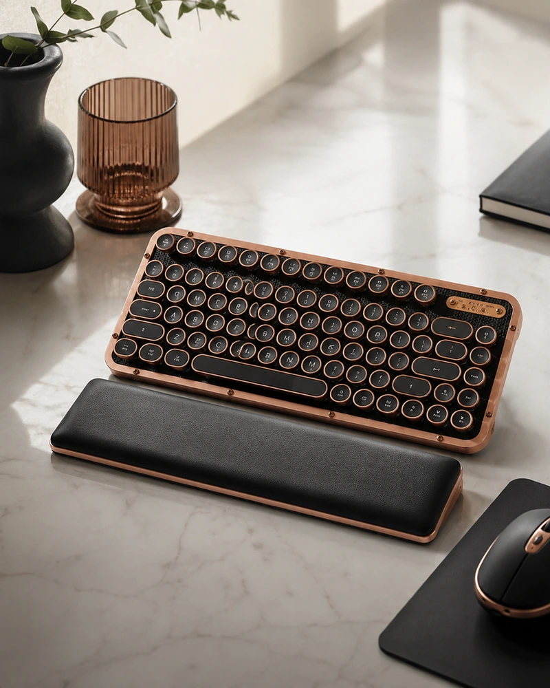 Clavier mécanique rétro noir et cuivre avec touches rondes et repose-poignets sur un bureau élégant
